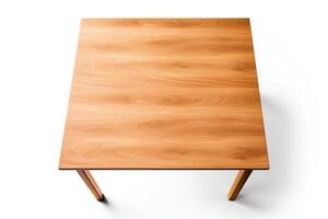 Generate an image of a wooden table from a top down view. The table should be a light brown color and have a smooth surface. The table should be isolated on a white background. photo