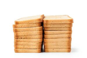 A close-up image of two stacks of bread slices on a white background. photo