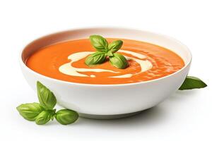 Give me a photo of a bowl of tomato soup. The soup should be creamy and have a basil leaf garnish. The bowl should be white and sitting on a white table.