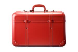 A red suitcase with a silver handle and silver clasps. The suitcase is made of leather and has a smooth surface. The suitcase is empty and is standing upright. photo