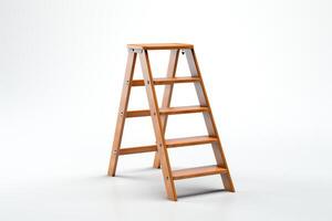 A wooden stepladder is standing on a white background. The ladder has four steps and is made of light brown wood. The ladder is open and ready to be used. photo