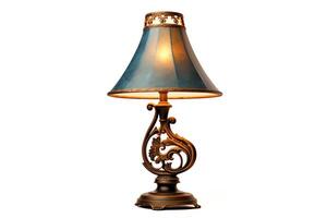 An elegant table lamp with a bronze base and a blue silk shade. It is perfect for adding a touch of luxury to any room. photo