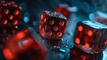 Take a close-up photograph of some red translucent dice scattered on a reflective surface with water droplets. photo