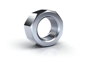 A 3D rendering of a shiny metal nut on a white background. photo