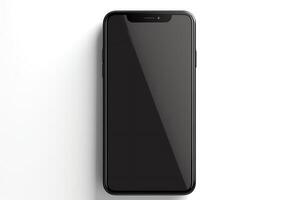 último modelo teléfono inteligente, pulcro negro diseño, desplegado frontalmente, aislado en un blanco fondo, formato, adecuado para tecnología reseñas foto