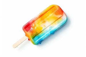 A popsicle is a frozen treat made from water, sugar, and flavoring. It is typically served on a stick. Popsicles can be made in a variety of flavors and colors. photo