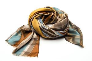Generate a high-resolution image of a scarf with a pattern of brown and blue squares and a yellow, brown, and blue striped pattern in the center photo
