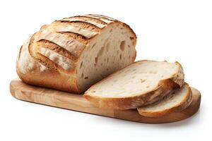 A close-up image of a loaf of freshly baked bread on a wooden cutting board. The bread is golden brown and has a crispy crust. The inside of the bread is soft and fluffy. photo