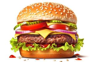 Photo of a delicious cheeseburger with all the fixings on a sesame seed bun.
