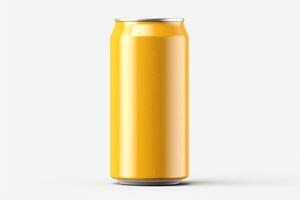 A sleek yellow can of beer with a silver top. The can is isolated on a white background. photo