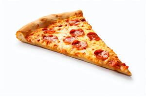 A slice of pizza with pepperoni, mozzarella cheese, and a crispy crust. Isolated on a white background. photo