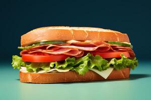 Make me a photorealistic image of a sandwich with ham, tomato, cucumber, lettuce, and cheese photo