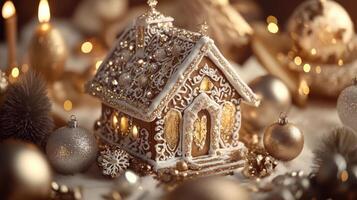Glamorous gingerbread house with gold and silver accents, intricate icing patterns, and glittery dust, surrounded by shiny ornaments and velvet ribbons. Gingerbread house, New Year, Christmas photo
