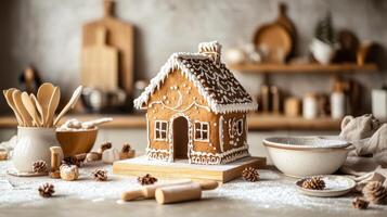 Rustic gingerbread house with simple icing patterns, set amidst baking supplies and natural materials for a warm, homemade holiday scene. Gingerbread house, New Year, Christmas photo
