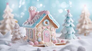 Playful gingerbread house in pastel colors, surrounded by a soft winter backdrop, creating a cheerful and modern holiday scene. Gingerbread house, New Year, Christmas photo