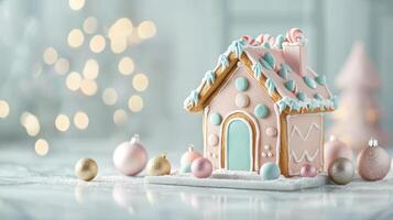Pastel-colored gingerbread house with geometric patterns, placed on a marble surface for a calm and trendy holiday atmosphere. Gingerbread house, New Year, Christmas photo