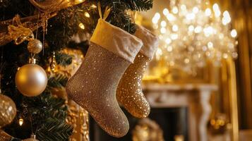 Luxurious Christmas setting with glittering stockings, a grand chandelier, and opulent fabrics, adding sparkle and richness to the festive atmosphere. Christmas stockings, New Year photo