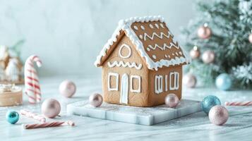 Playful gingerbread house in muted pastels, with modern shapes and minimal decor, creating a chic holiday scene on a marble base. Gingerbread house, New Year, Christmas photo
