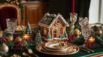 Luxurious gingerbread house with golden accents, surrounded by crystal glassware and silver candlesticks, creating a glamorous holiday table setting. Gingerbread house, New Year, Christmas photo