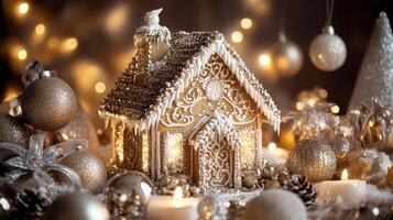 Elegant gingerbread house adorned with gold and silver details, luxurious textures, and soft candlelight for a festive holiday atmosphere. Gingerbread house, New Year, Christmas photo