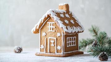 Clean and minimalist gingerbread house with white icing and sharp lines, surrounded by a neutral background and pine branches for a natural touch. Gingerbread house, New Year, Christmas photo