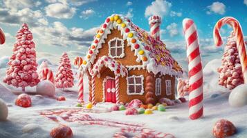Candy-themed gingerbread house with colorful decorations, including candy canes, gumdrops, and a magical fantasy setting for a fun holiday atmosphere. Gingerbread house, New Year, Christmas photo