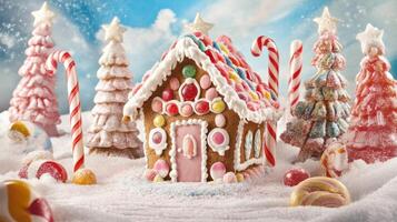 Whimsical gingerbread house with a candy land theme, decorated with candy canes, gumdrops, and lollipops, set against a fantasy backdrop with candy trees and sugar snow photo
