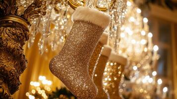 Glamorous Christmas stockings with sequins and glitter, hanging beside a grand chandelier, surrounded by gold and silver accents for a festive, opulent atmosphere. Christmas stockings, New Year photo