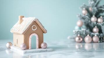 Gingerbread house with muted pastel colors and geometric shapes, set on a marble surface with sleek candy canes and minimalist ornaments. Gingerbread house, New Year, Christmas photo