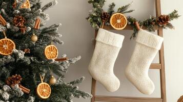 Organic cotton and wool Christmas stockings on a wooden ladder, next to a minimalist tree with dried oranges and cinnamon sticks, creating a natural holiday vibe. Christmas stockings, New Year photo