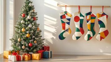 Geometric Christmas stockings with bold shapes, paired with a contemporary art-inspired tree, creating a bright and dynamic holiday atmosphere. Christmas stockings, New Year photo
