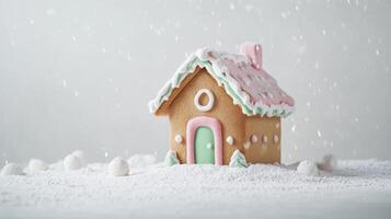 Sleek and simple gingerbread house with pastel pink and mint green details, surrounded by powdered sugar on a white background. Gingerbread house, New Year, Christmas photo