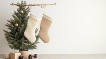Sustainable holiday decor with upcycled stockings and a small tree decorated with handmade paper ornaments, enhancing a minimalist Christmas vibe. Christmas stockings, New Year photo