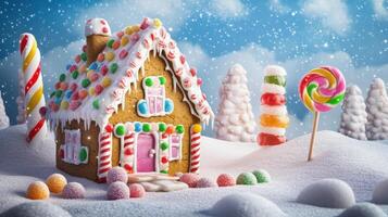 Gingerbread house with a whimsical candy land design, featuring bright candy decorations and a magical backdrop for a festive holiday feel. Gingerbread house, New Year, Christmas photo