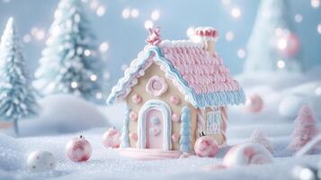 Whimsical gingerbread house in pastel hues, featuring a playful winter wonderland setting with cute candy accents. Gingerbread house, New Year, Christmas photo