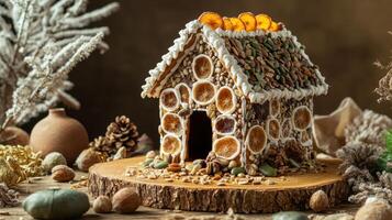 Sustainable gingerbread house featuring dried fruit, seeds, and nuts, surrounded by natural elements like wood, clay, and organic fabric. Gingerbread house, New Year, Christmas photo