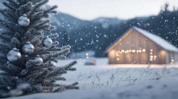 Crisp minimalist Christmas tree decorated with silver and white ornaments, set in a snow-covered outdoor landscape. Christmas photo