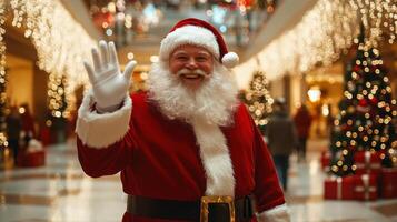 Santa Claus smiling and waving in a bustling shopping mall, surrounded by shoppers, decorated Christmas trees, and presents. Christmas photo