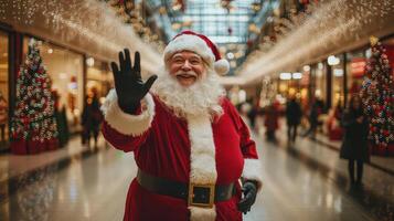 Santa Claus standing in a crowded shopping mall, waving and smiling, colorful Christmas lights and reflections on polished floors. Christmas photo
