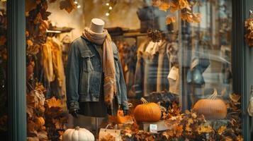 Cozy autumn outfit displayed in a boutique window, layered clothing surrounded by autumn leaves and pumpkins, creating a warm seasonal vibe. Autumn clothing photo