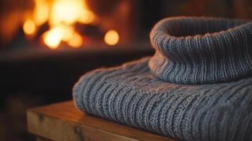 Cozy cabin scene with a turtleneck sweater folded on a shelf, warm inviting atmosphere created by the fire in the background. Autumn clothing photo