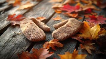 Rustic autumn scene with fingerless gloves on a wooden table, warm textures and leaves evoking a sense of comfort and coziness. Autumn clothing photo