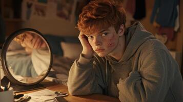 Youthful scene with a teenage boy in a grey hoodie examining a breakout in a mirror, frustrated expression in a cluttered bedroom photo