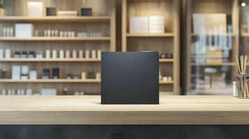 Stationery shop scene with a black sandwich board on the counter, shelves filled with art supplies in the background. Empty sandwich board photo