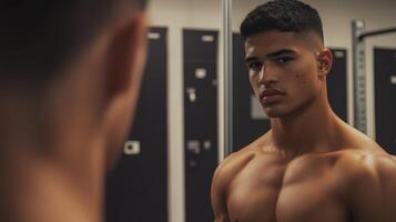 Athletic scene with a shirtless young man examining his face in a gym mirror, focused and determined expression photo