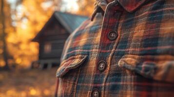 Nostalgic autumn scene with a close-up of a plaid shirt, fabric details and rustic background creating a cozy mood. Autumn clothing photo