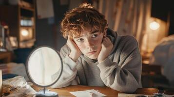 Teenager with a breakout examining his face in a mirror, sitting at a cluttered desk in a bedroom, frustrated expression photo