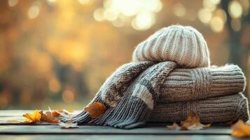 Softly lit scene with a folded sweater, scarf, and hat on a wooden table, autumn leaves in the background, warm colors and textures highlighted. Autumn clothing photo