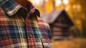 Plaid shirt close-up, with collar and buttons highlighted against a rustic background, autumn colors evoking a cozy, nostalgic feel. Autumn clothing photo