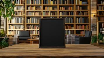 Small library scene with a black sandwich board, rows of books and a reading nook in the background. Empty sandwich board photo